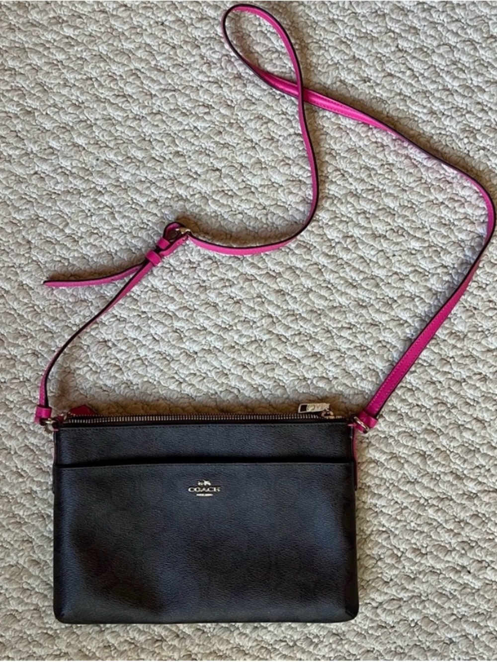 Coach Black Leather Crossbody with Hot Pink Strap